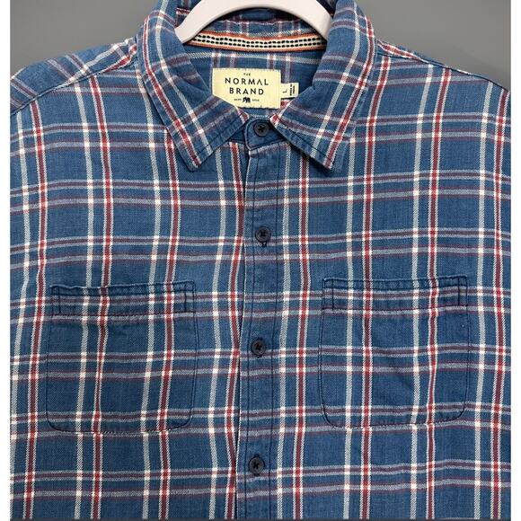 The Normal Brand Shirt Mens Large Blue Plaid Twill Button Up Work Preppy - Picture 4 of 11